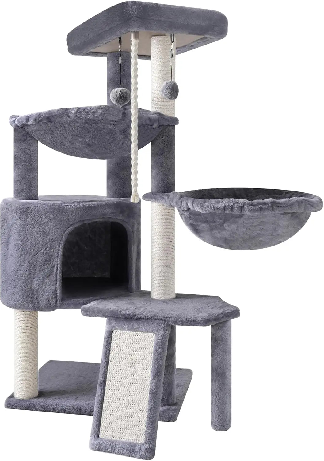 Three-Tier Cat Tree with Condo and Hammocks, Gray - Durable Faux Fur & Sisal Posts for Play and Rest