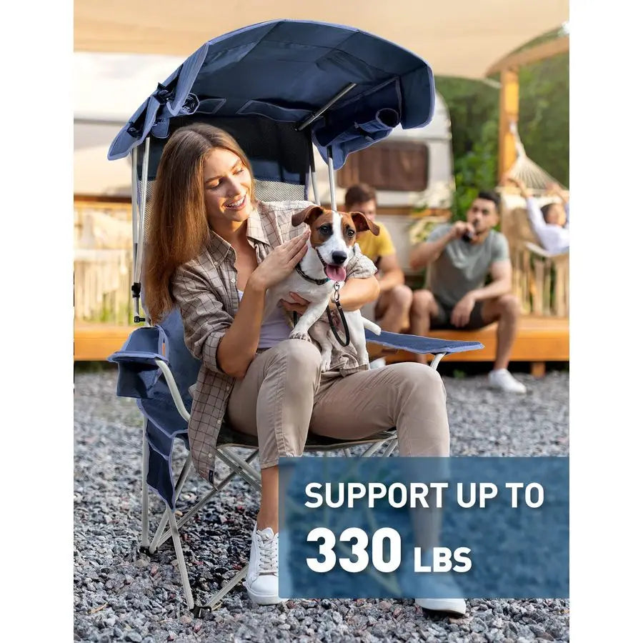 Chair with Canopy Shade, Folding Camping Chair with Canopy with Cup Holder, Side Pocket for Camp, Beach, Tailgates, Fishing Supp