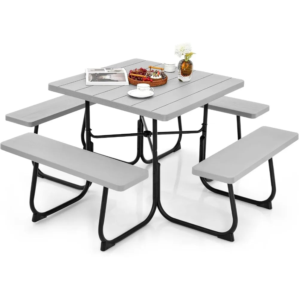Tangkula 8 Person Picnic Table, Outdoor Square Picnic Table with 4 Built-in Benches, Umbrella Hole, Metal Frame & HDPE Tabletop,