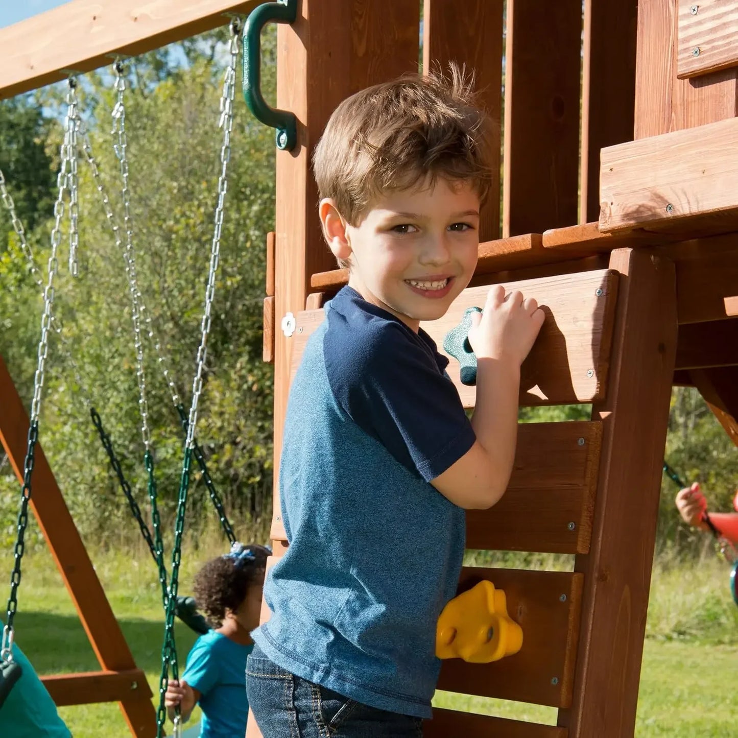 Swing Set Play Set with Two Swings, Slide, Monkey Bars, Picnic Table & Glider, Green
