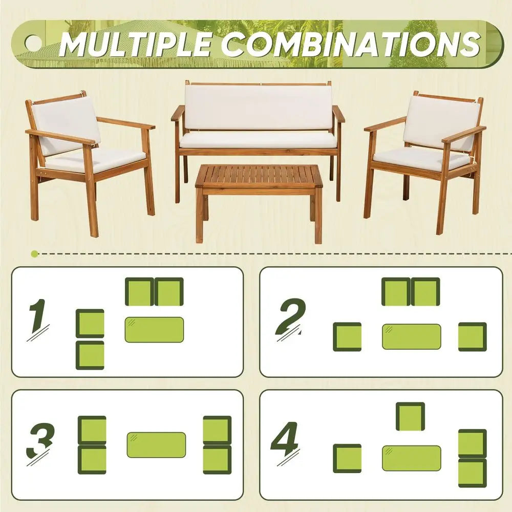 Patio Furniture 4 Piece Outdoor Acacia Wood Patio Conversation Sofa Set with Table amp Cushions Porch Furniture for Deck, Balco
