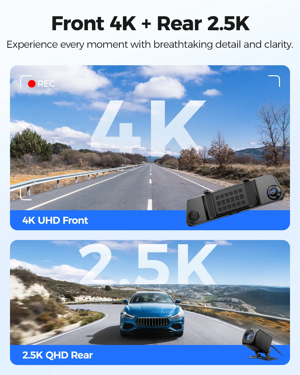 AZDOME PG17 Max 4K+2.5K Rearview Dash Cam 12'' Touch Screen Mirror Dash Cam with ADAS BSD LCA Car DVR Loop Recording 24H Parking