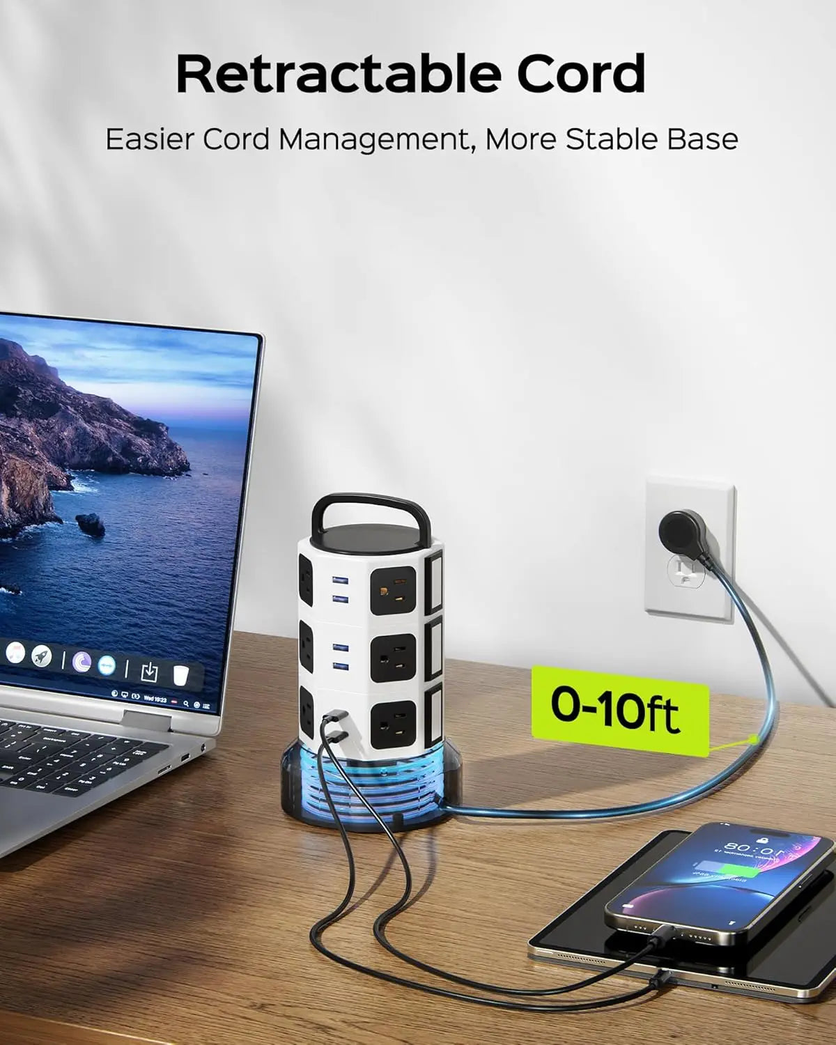 10ft Retractable Power Strip Tower with 13A 12 Outlets & 6 USB Ports Surge Protector for Home Office
