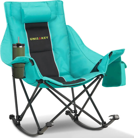 Portable Rocking Camping Chair with Headrest & Cup Holder - 400lbs Capacity, Easy Fold Outdoor Rocker for Camping Beach