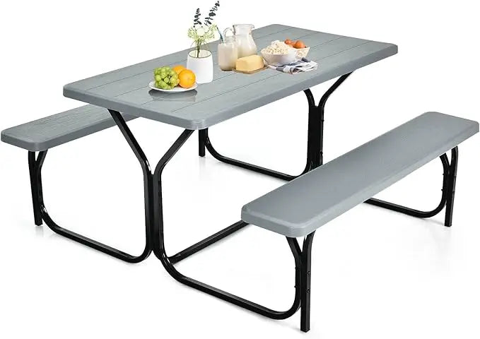Picnic Table, Resin Dining Table & 2 Benches Set, Weather Resistant Wood Grain Tabletop & Steel Frame, Plastic Picnic Tables