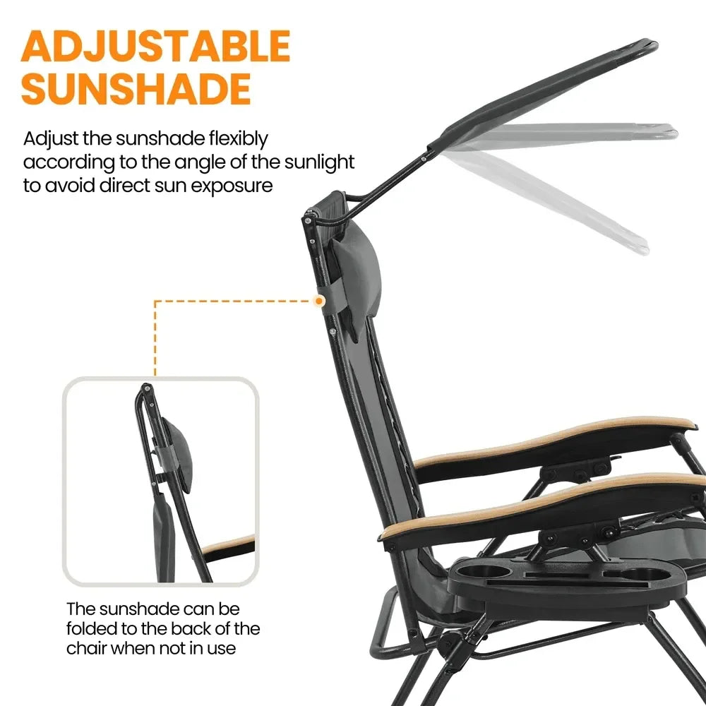 Outdoor Zero Gravity Chair XL Foldable Reclining Lounge Chair With Adjustable Sun Shade Cupholder Pillow Camping Chair For Pool