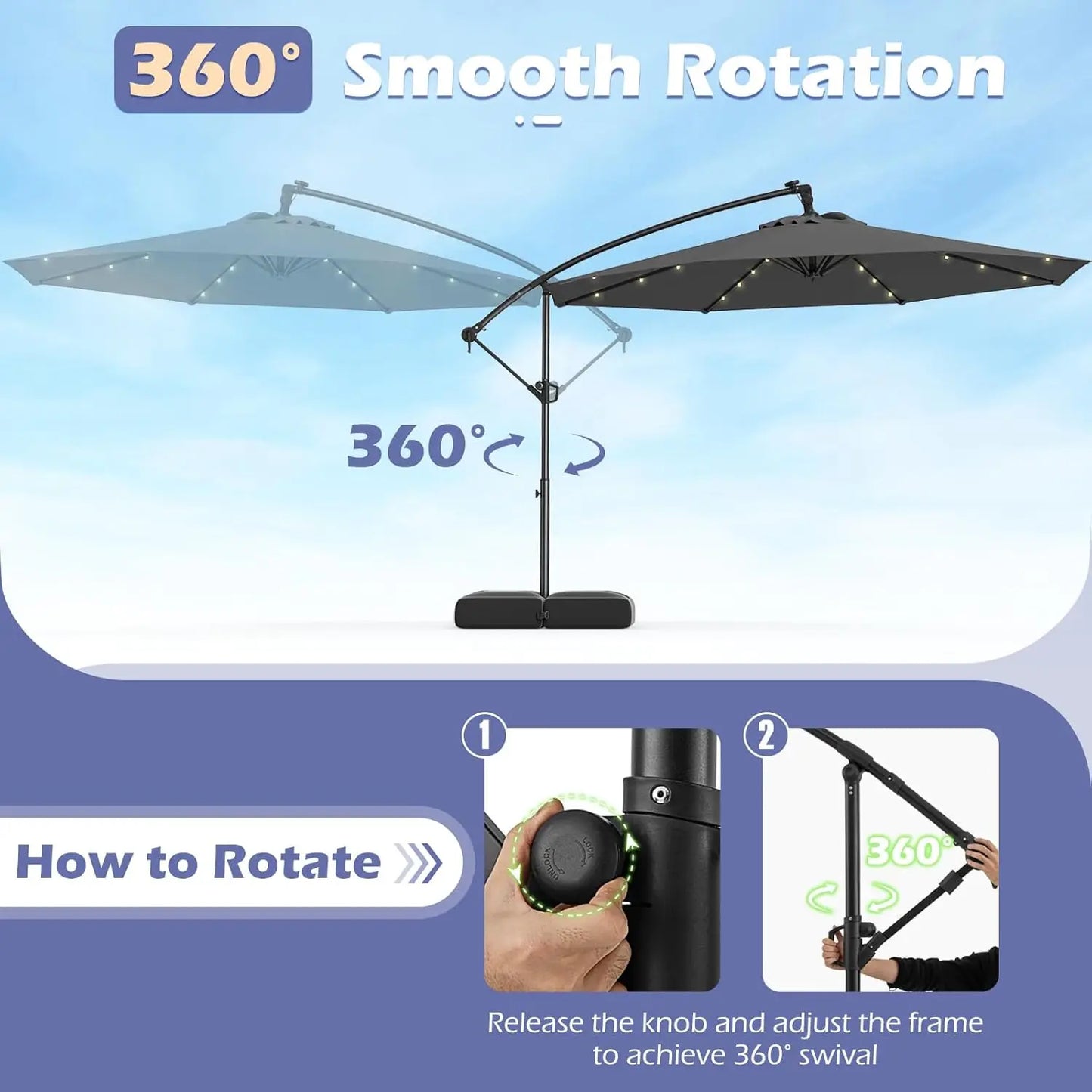 10ft Solar Patio Umbrella with Base Included, Offset Cantilever Outdoor Umbrella with 32 LED Lights, Infinite Tilt,, Customized