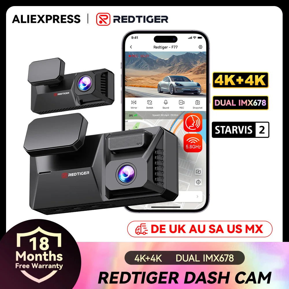 REDTIGER F77 Dashcam Front and Rear 4K+4K HDR Dual Dash Cam STARVIS 2 Night Vision Voice Control Built-in 128G 5.8Ghz WiFi