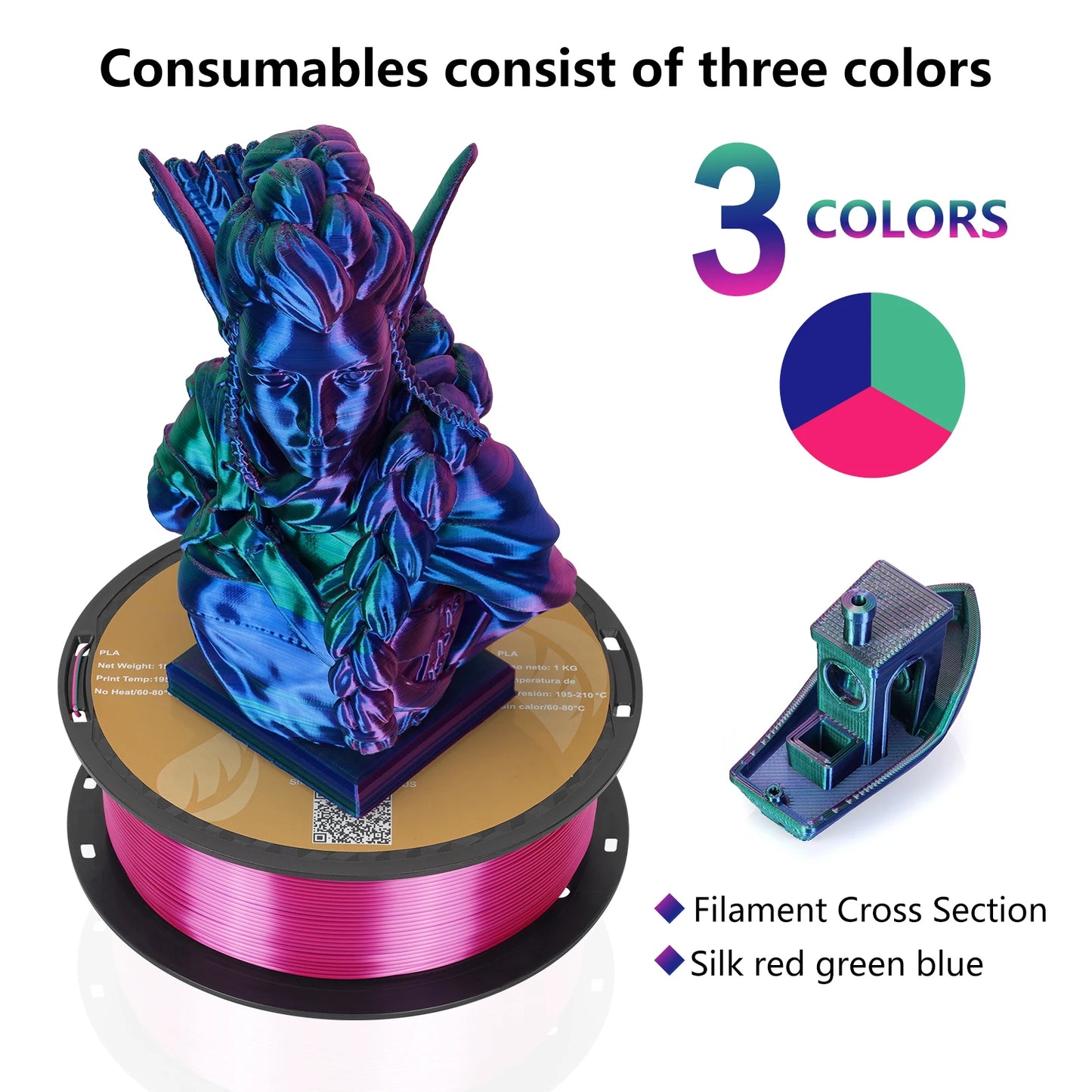 KINGROON Silk Tri-color PLA Filament 3D Printer 1.75mm 1KG/roll  Silk PLA Filament Plastic Material 3D Printing Special Color