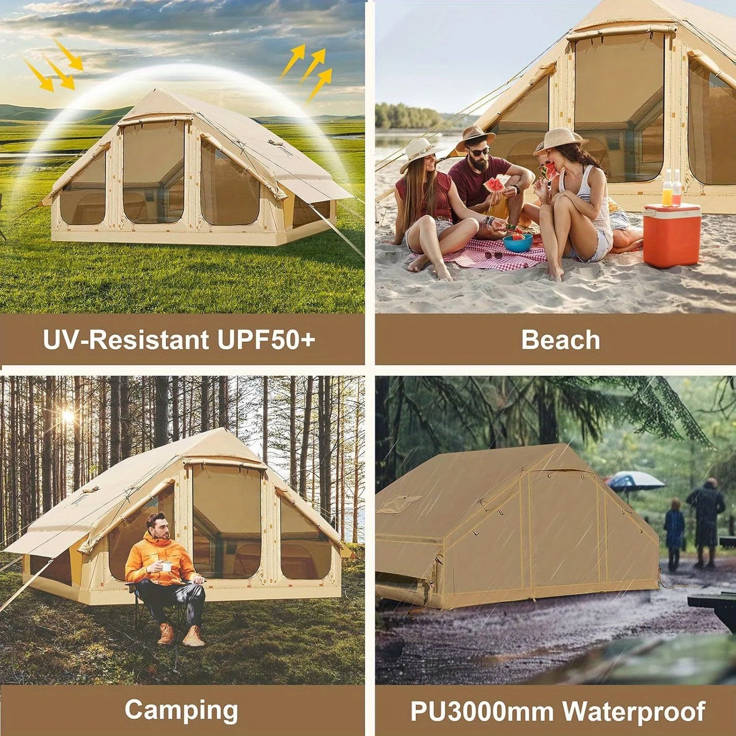 Inflatable tent camping, hand pump inflatable tent, tent with stove hole, Oxford fabric camping tent suitable for 1-6 people to