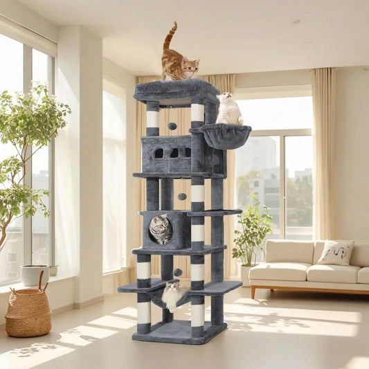 Cat Tree, 67 Large Tall Cat Tower For Indoor Cats, MultiLevel Cats House With Condo, 8 ching Posts, Hammock, 4 Pom Poms, L