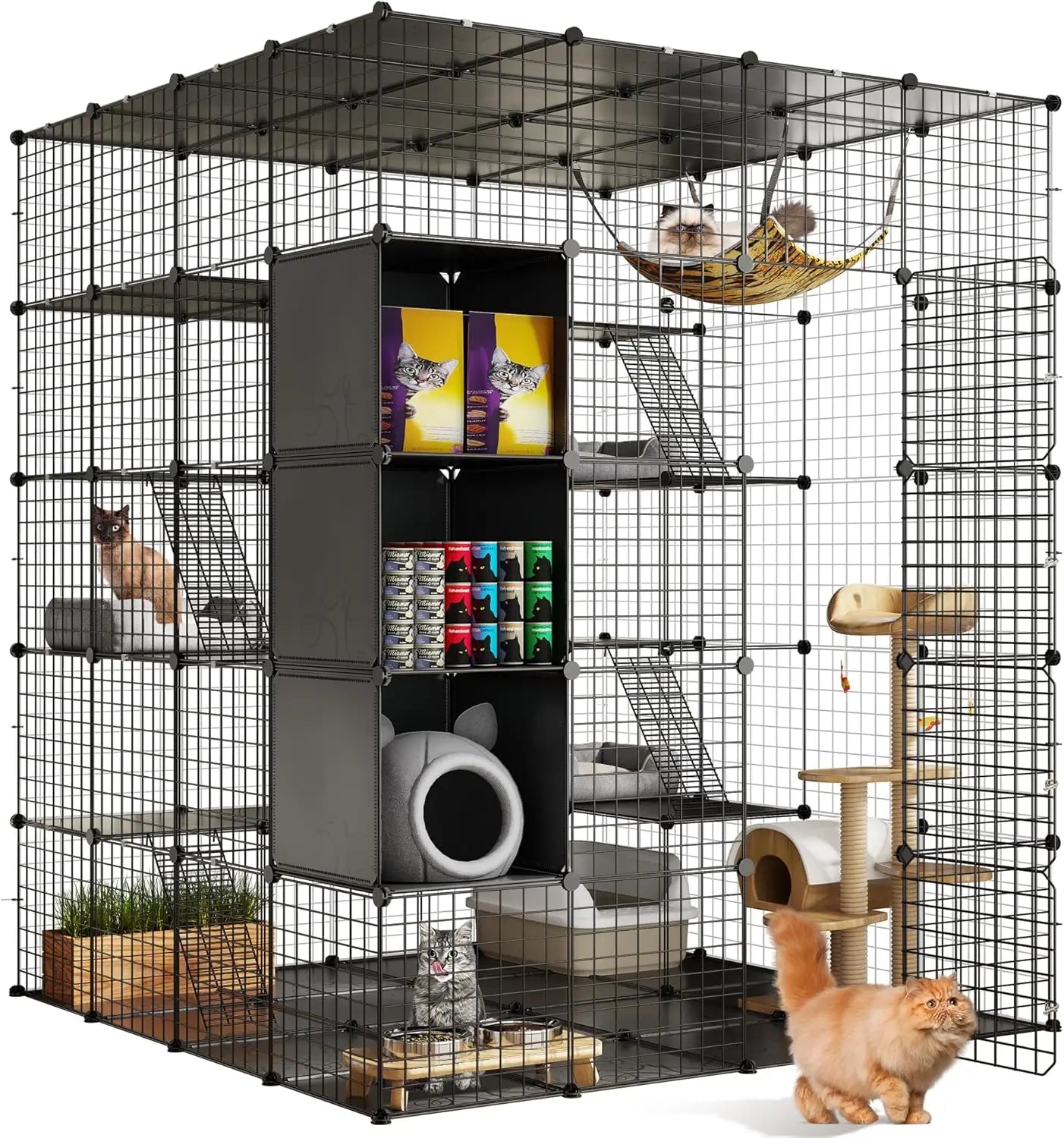 Large Indoor Cat Cage with Hammock and Storage, DIY Outdoor Enclosure for Multiple Cats, 5-Tier Metal Playpen