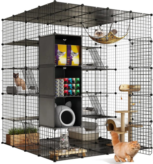 Large Indoor Cat Cage with Hammock and Storage, DIY Outdoor Enclosure for Multiple Cats, 5-Tier Metal Playpen