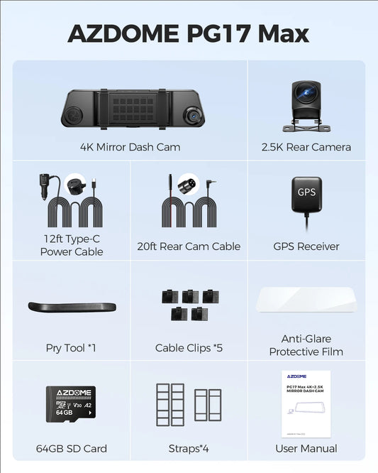 AZDOME PG17 Max 4K+2.5K Rearview Dash Cam 12'' Touch Screen Mirror Dash Cam with ADAS BSD LCA Car DVR Loop Recording 24H Parking