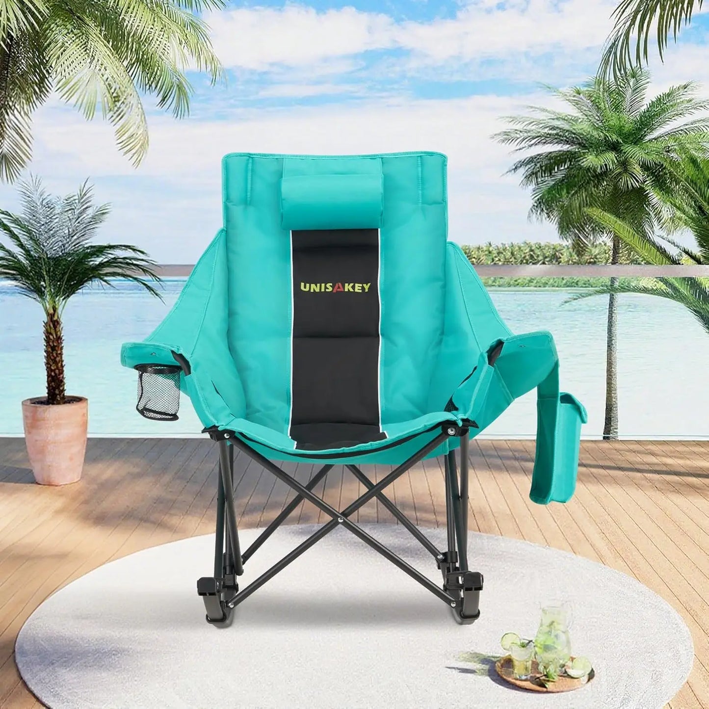 Portable Rocking Camping Chair with Headrest & Cup Holder - 400lbs Capacity, Easy Fold Outdoor Rocker for Camping Beach