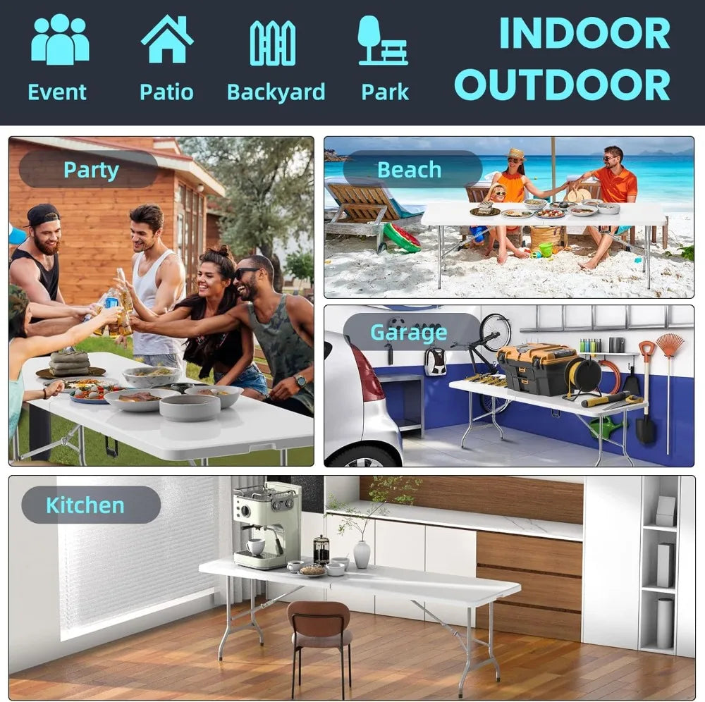 8ft Folding Picnic Table with Safety Locks, Portable Camping Table for Outdoor Party and Indoor Dining