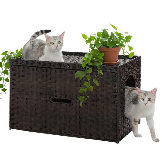Rattan Cat Litter Box Enclosure with Taller Doorway and Flip-Up Design-More Space Raised Edge Mat-Cat House Cabinet Furniture