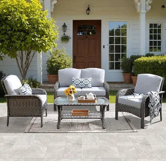 HOT-4 Pieces Patio Furniture Set, Outdoor Wicker Sofa with Coffee Table, Chairs, All Weather High Back  Couch Cushions, Dark Gre