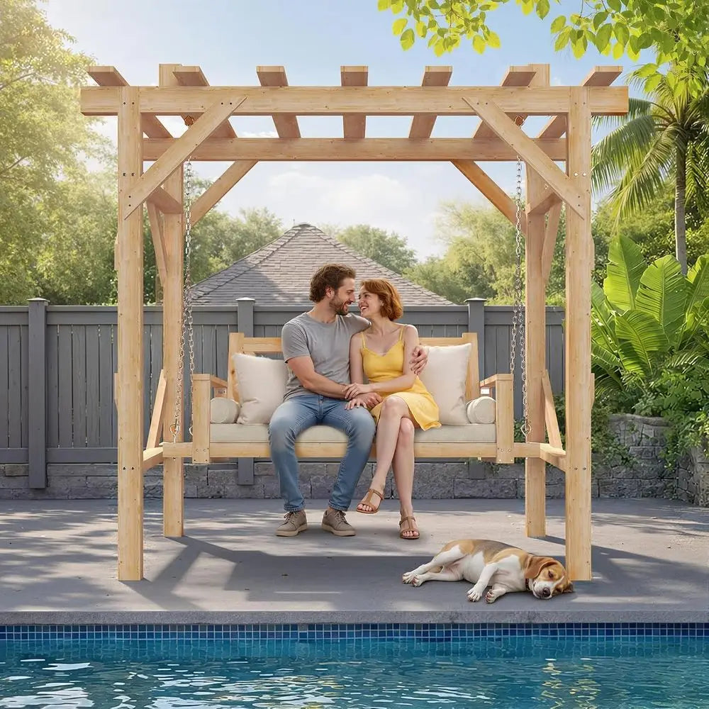 CeWood Outdoor Pergola Swing Bench, Porch Swing with Stand, 3-Seat Hammock Patio Swing Set with ，Metal Chains or Backyard, Garde