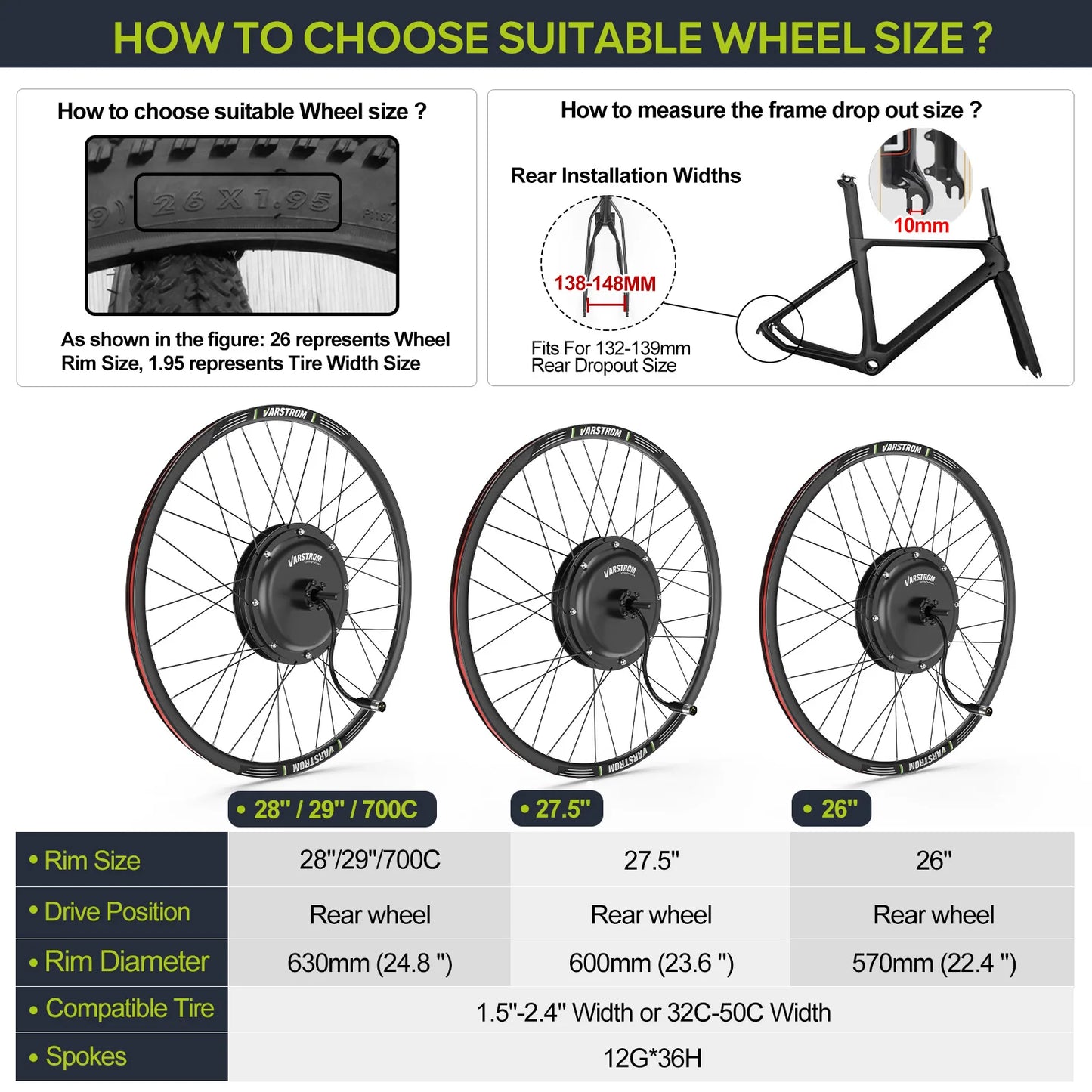 [3 Day Delivery] Varstrom 1000W 1500W 48V Wheel Hub Motor  Electric Bicycle Conversion Kit eBike Rear Front Drive Engine For MTB