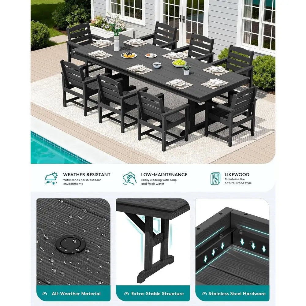 9 Piece Outdoor Dining Set, 84" HDPE Outdoor Table and Chairs or 8，All Weather Patio urniture Set with Umbrella Hole or Backyard