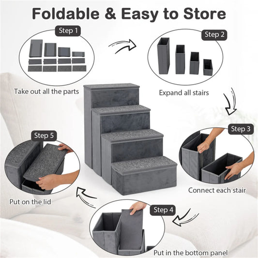 4-Step Dog Stairs with Storage - MDF Build (200 kg Capacity), Dutch Velvet Comfort, 15"x6.5" Steps + 6" Step Height