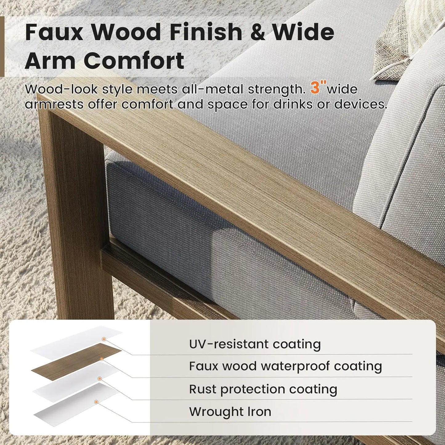6 Piece Patio Furniture Set, Faux Wood Metal Outdoor Sectional Sofa with 6" Thick Olefin Cushions, Backyard Dark Grey
