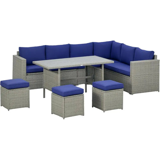 Wicker Outdoor Patio urniture Set, L-Shaped 7 Piece Outdoor Dining Sectional Soa with Dining Table and Chair, Storage Loveseat,