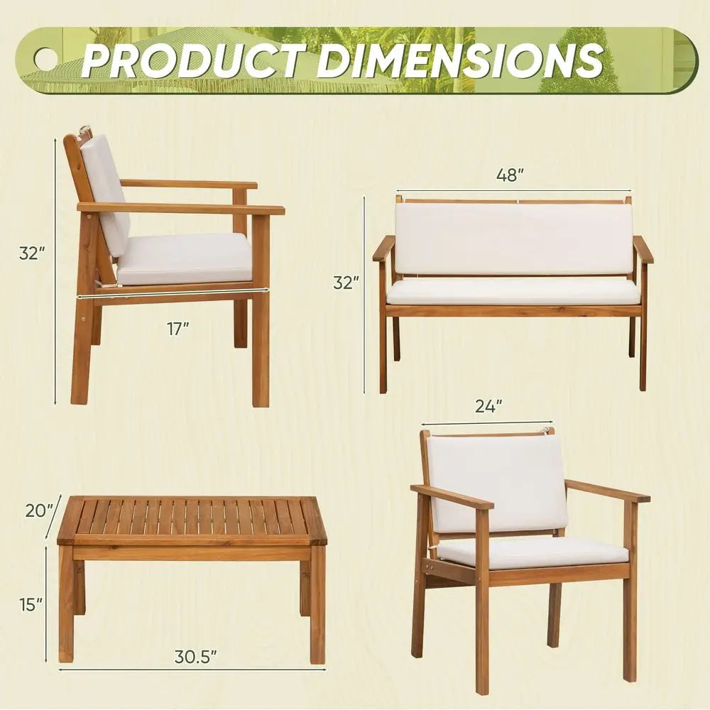 Patio Furniture 4 Piece Outdoor Acacia Wood Patio Conversation Sofa Set with Table amp Cushions Porch Furniture for Deck, Balco