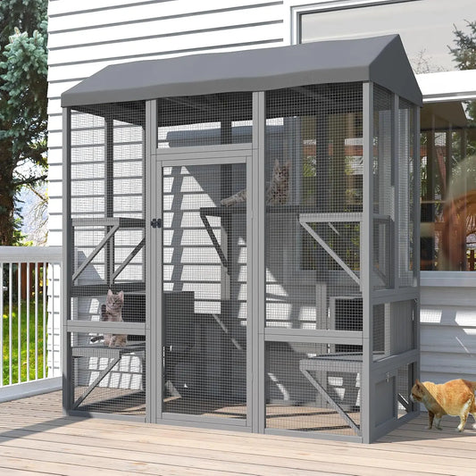 Catio Outdoor Cat Enclosure, Large Cat House for Mulitiple Cats Walk in Cat Cage with Waterproof Cover and Sunshine Panel Roof