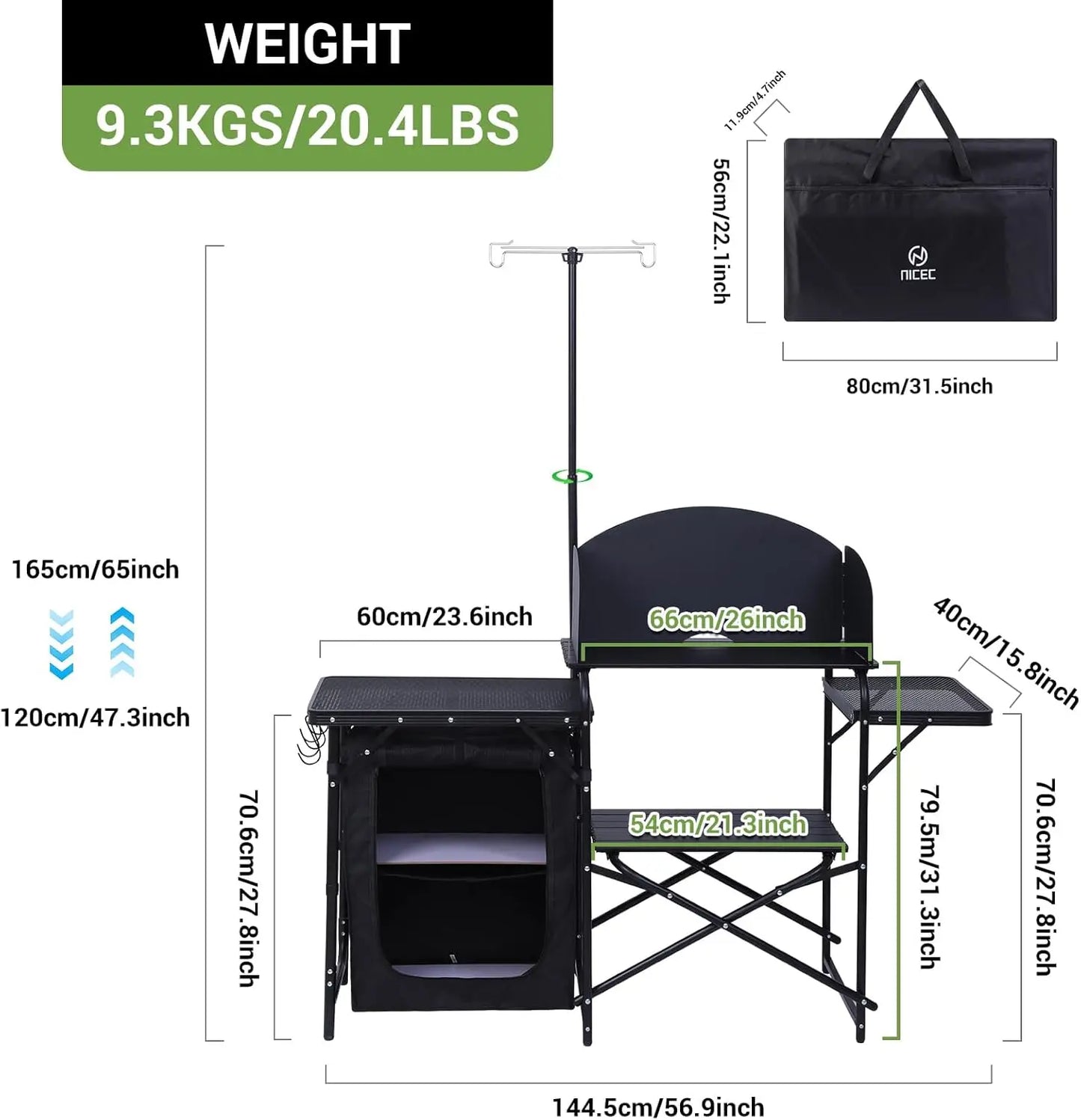 Portable Camping Kitchen Station with Light Stand & Windshield, Folding Table Organizers for Beach Picnic Outdoor Cooking