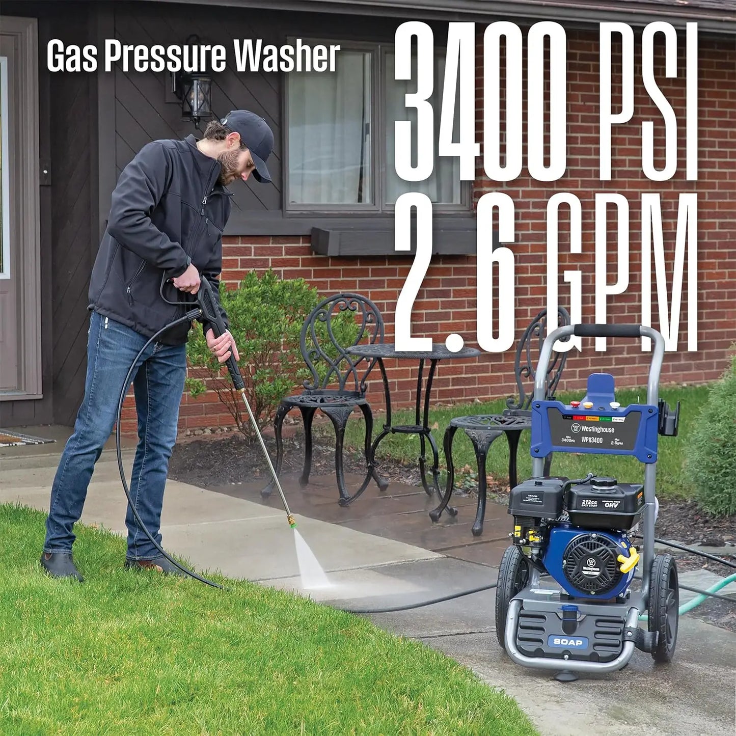 WPX3400 Gas Pressure Washer, 3400 PSI and 2.6 Max GPM, Onboard Soap Tank, Spray Gun and Wand, 5 Nozzle Set, for Cars/Fences