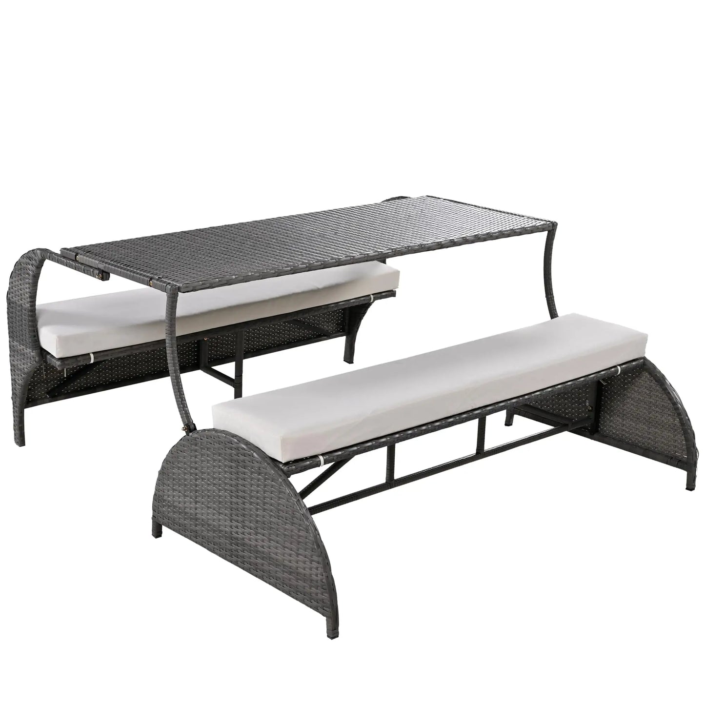 Outdoor Rattan Loveseat Convertible Picnic Upholstered Bench Table For Patio Garden Lawn Convertible to 4 Seats and 1 Table