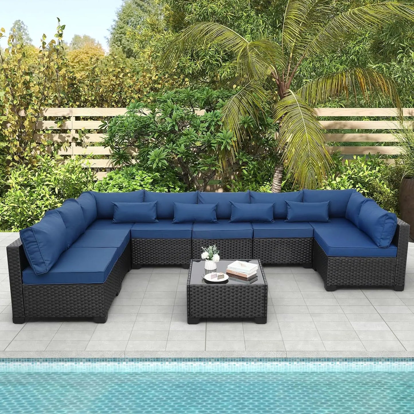 9 Pieces Outdoor Sectional All-Weather Wicker Patio Furniture Set Patio Sectional and Glass Patio Table Non-Slip Cushions