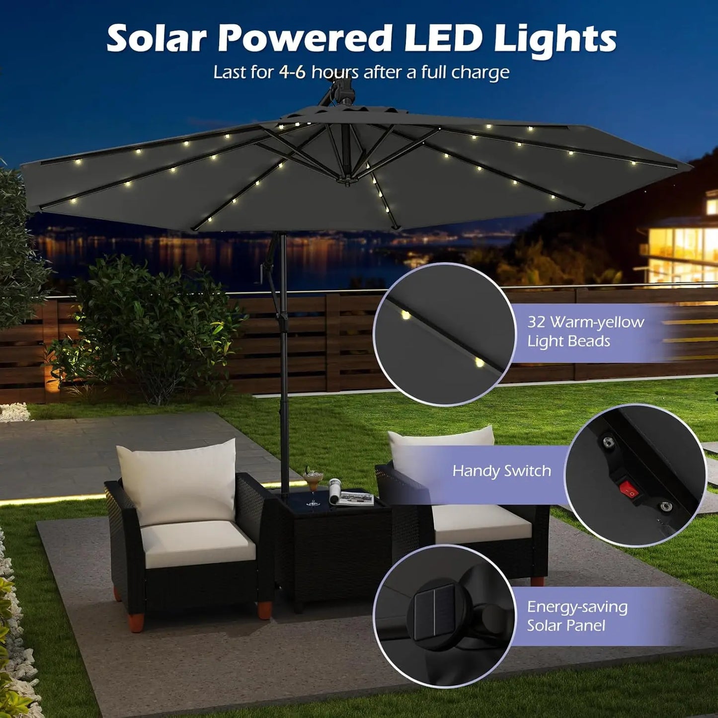 10ft Solar Patio Umbrella with Base Included, Offset Cantilever Outdoor Umbrella with 32 LED Lights, Infinite Tilt,, Customized