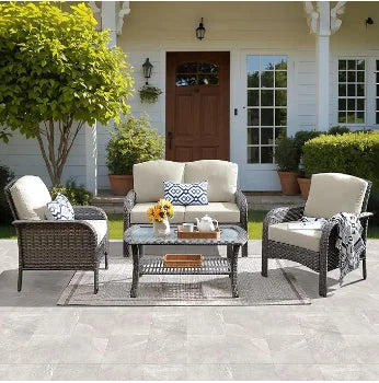 HOT-4 Pieces Patio Furniture Set, Outdoor Wicker Sofa with Coffee Table, Chairs, All Weather High Back  Couch Cushions, Dark Gre