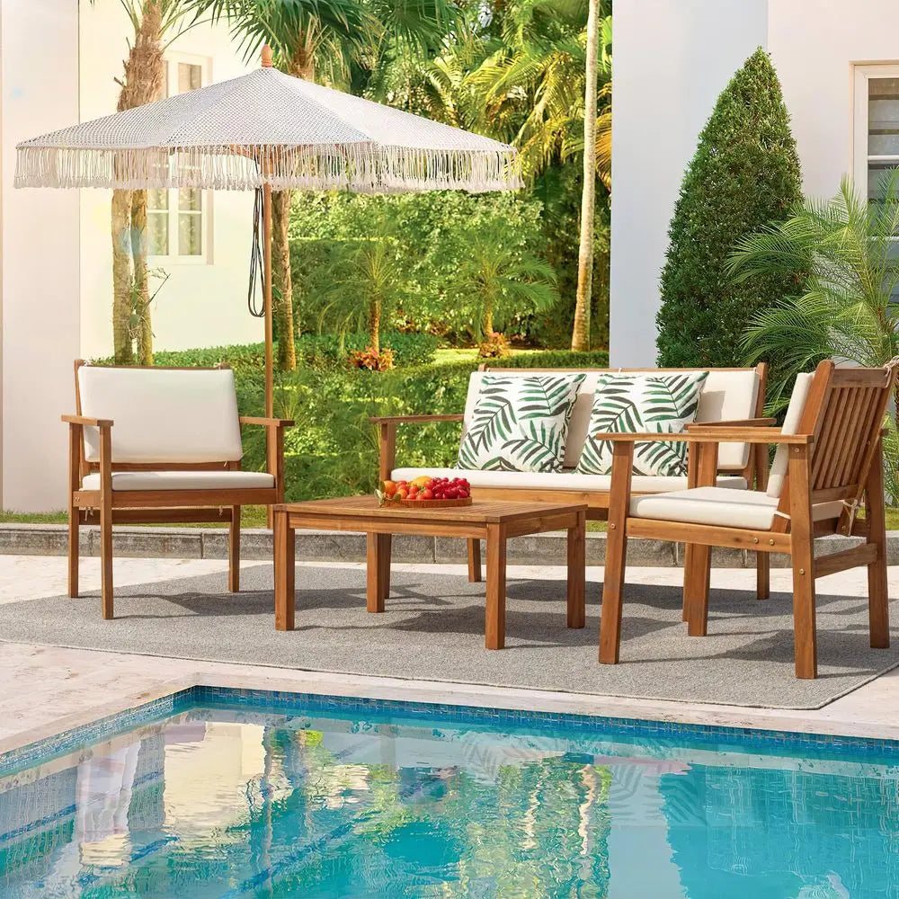Patio Furniture 4 Piece Outdoor Acacia Wood Patio Conversation Sofa Set with Table amp Cushions Porch Furniture for Deck, Balco