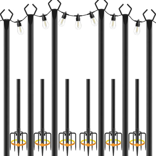 6 Pack 10 ft Heavy Duty Metal String Light Poles Adjustable Outdoor Lighting Stand for Patio,Backyard,Garden,Party & Wedding