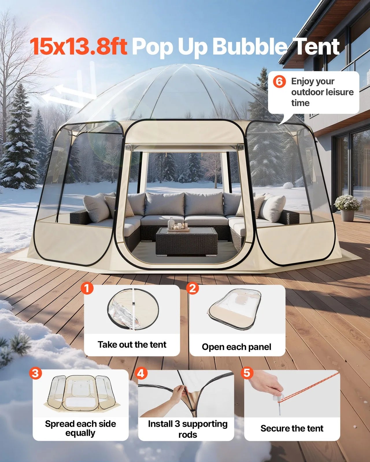 Pop Up Bubble Tent 15x138 ft Waterproof 12-15 Person Instant Outdoor Tent UV Protection Camping Tent for Family Garden