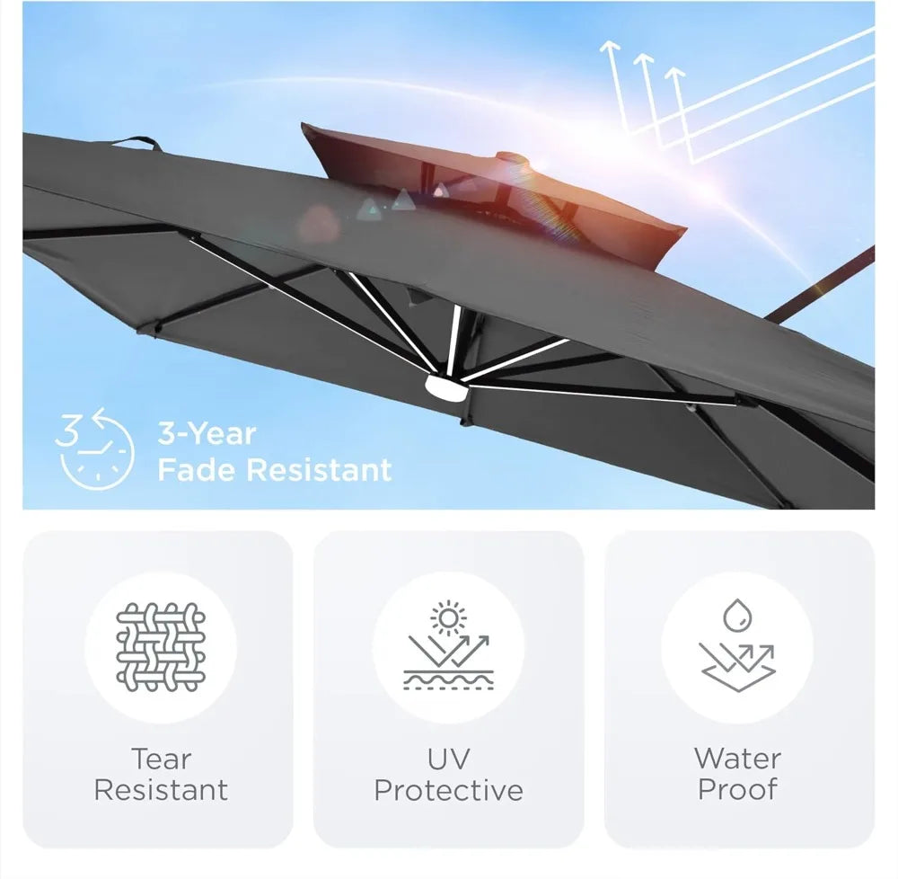 9' X 12' Patio Umbrella with LED Lights Outdoor Cantilever Large Rectangle Offset Umbrellas Heavy Duty Aluminum Double Top with