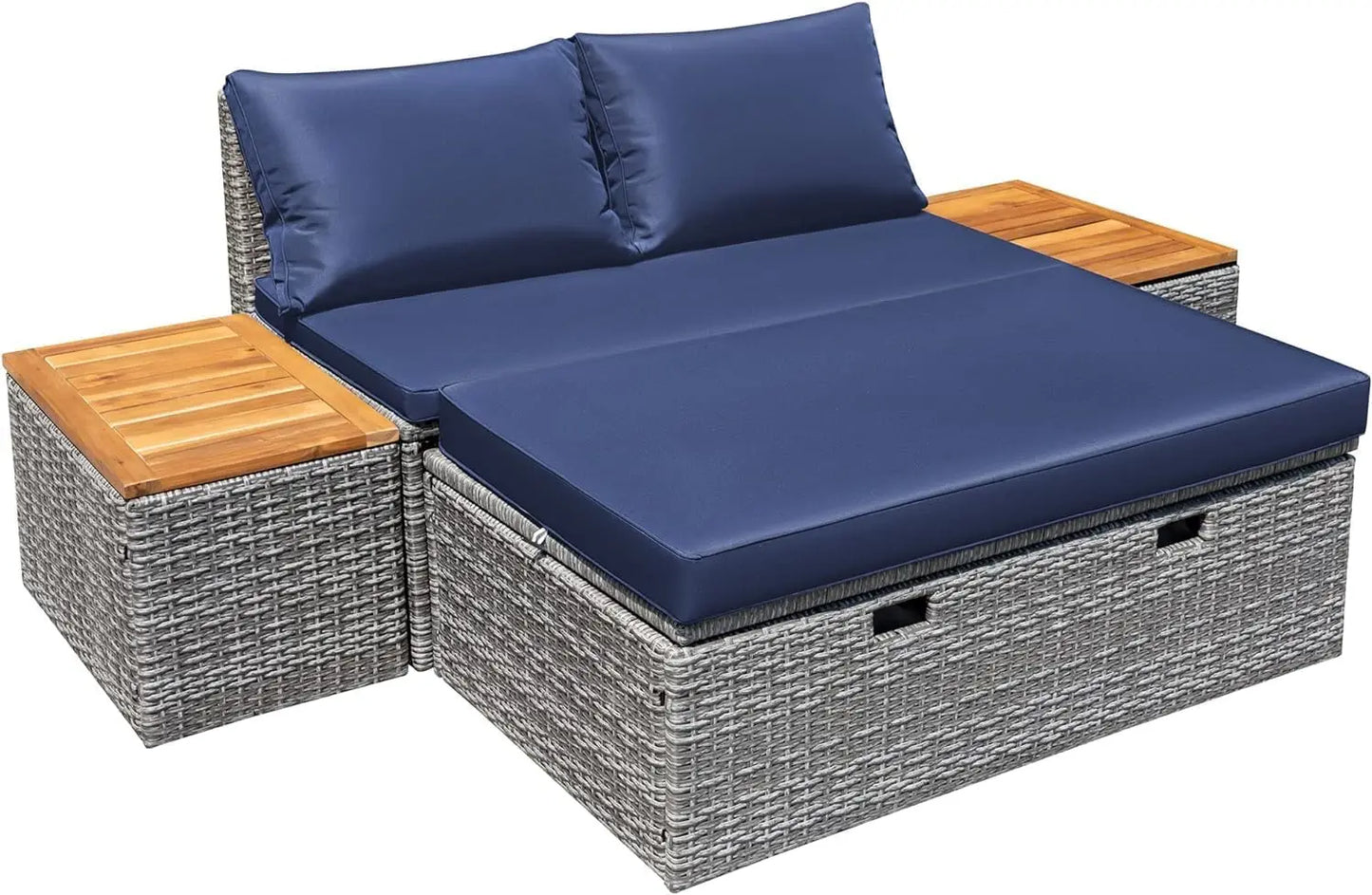Patio Day Bed Outdoor Daybed Set Multifunctional Rattan Lounge Bed with 2 Side Tables for Backyard Porch Poolside Lawn Beach (N