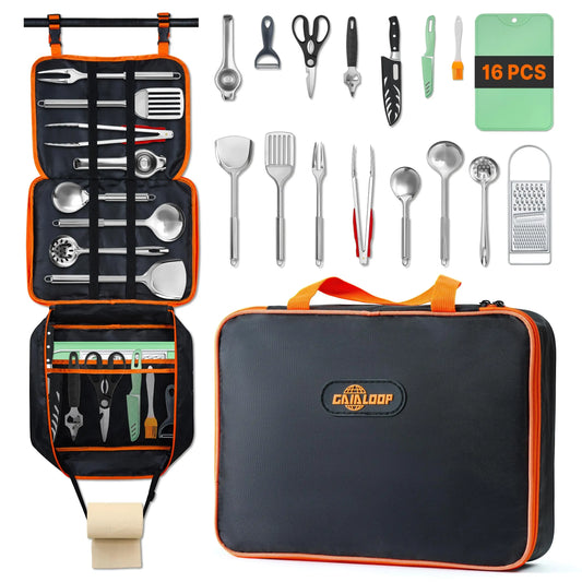 Camping Cooking Utensils Set Camp Kitchen Sticks BBQ Forks, Portable RV Camping Essentials Camper Must Haves for Cookouts