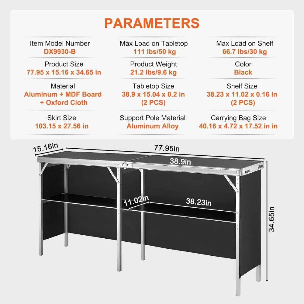 Extra Long Folding Portable Bar Table for Trade Show, Party, Picnic, Exhibition with Carrying Case