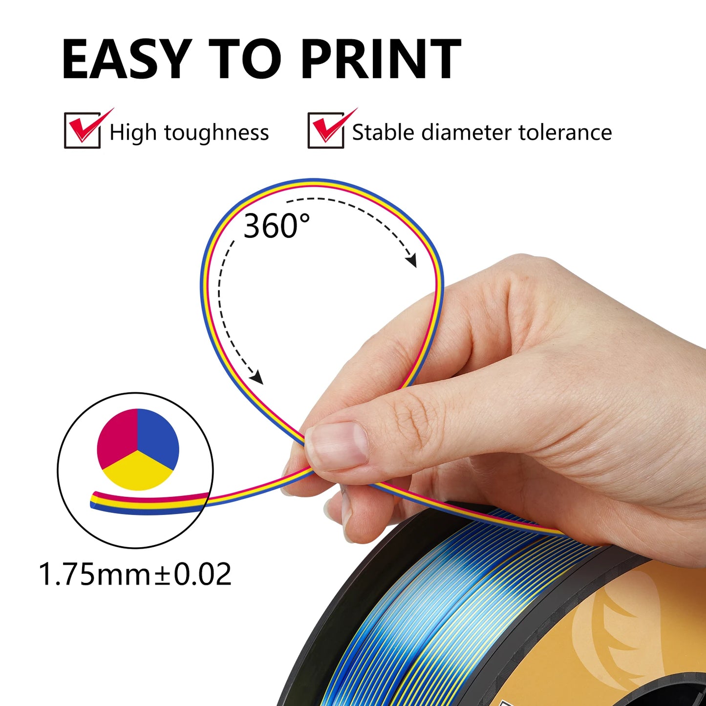 KINGROON Silk Tri-color PLA Filament 3D Printer 1.75mm 1KG/roll  Silk PLA Filament Plastic Material 3D Printing Special Color