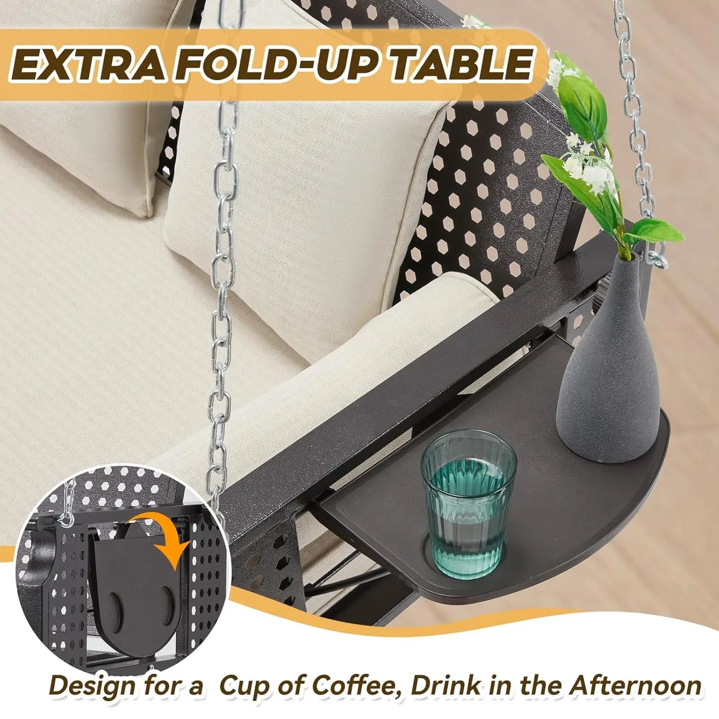 3 Seat Porch Swing, Patio Swing Bench with Cup Holders & 3 Back Cushions, Swing Chair with Chains for Deck Garden, Customized