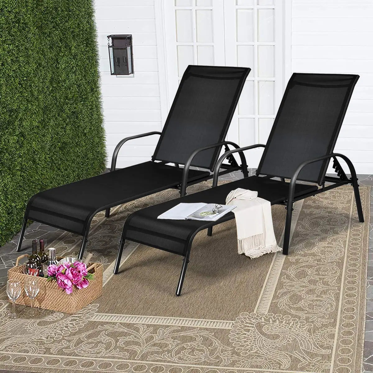 Adjustable Backrest Outdoor Lounge Chairs 2-Pack Reclining Patio Pool Steel Frame Beach Yard Balcony, Custom