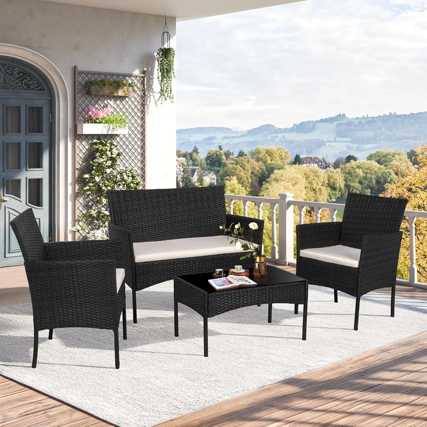 4 Piece Outdoor Patio Furniture Sets, Small Wicker Patio Conversation Furniture Rattan Chair Set with Tempered Glass Coffee Tabl