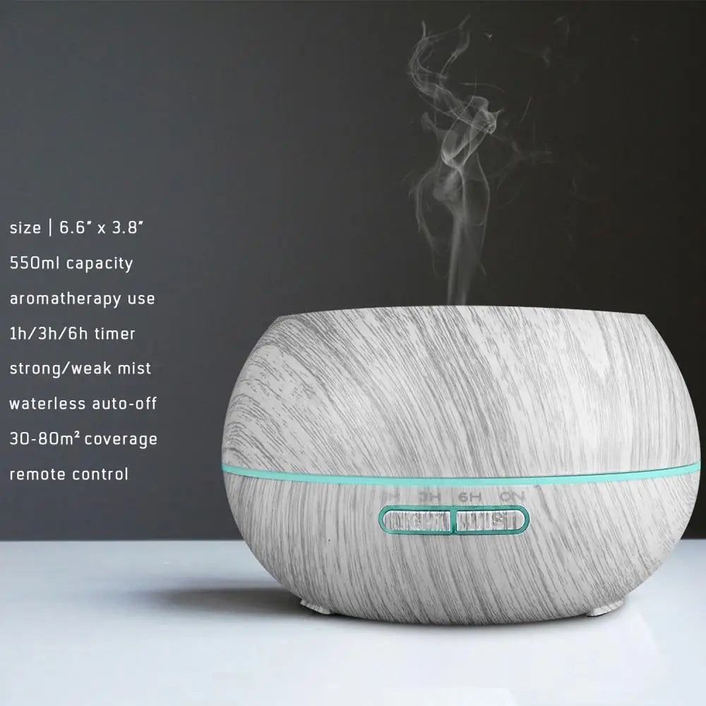 550ml Wood Grain Essential Oil Diffuser & Humidifier, Remote Control, 7 LED Mood Lights, Aromatherapy for Home Wellness