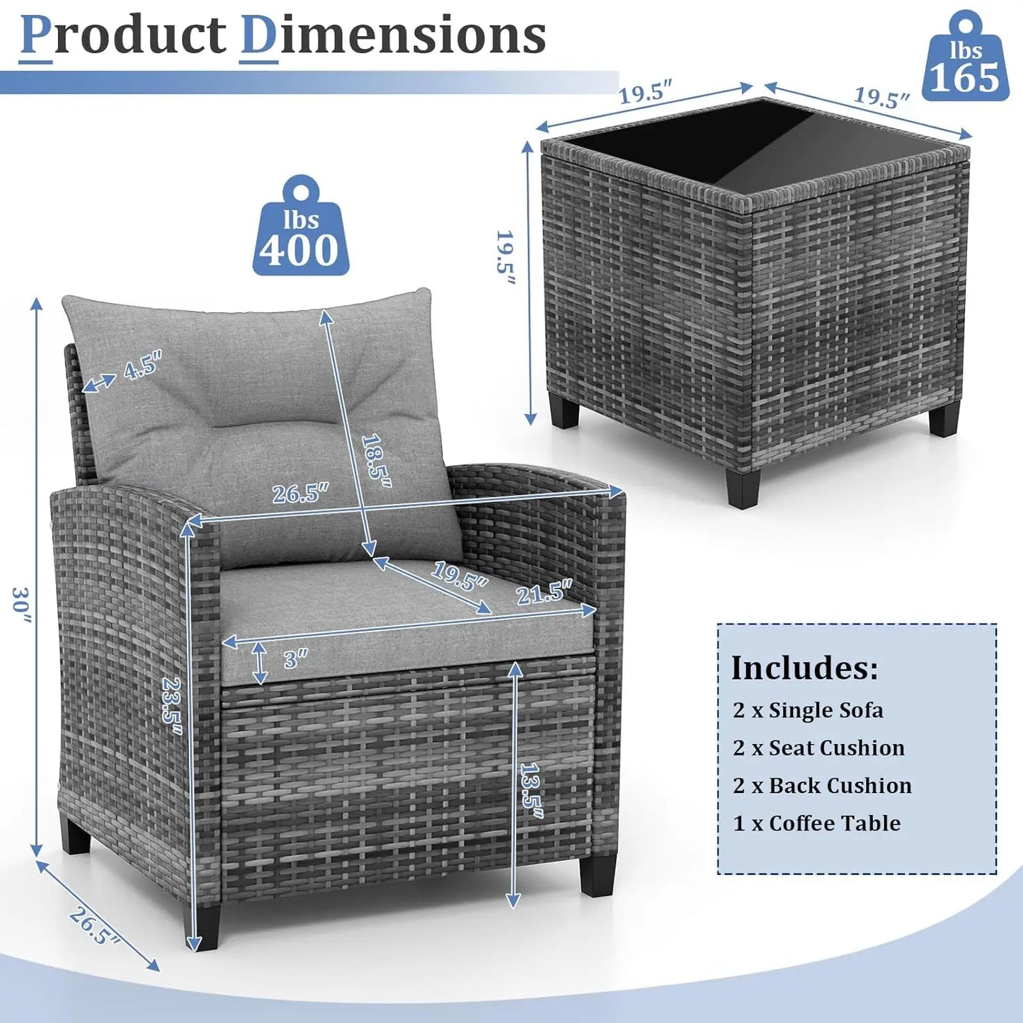 3 Piece Patio Furniture Set, Outdoor PE Rattan Conversation Set with Washable Cushions & Tempered Glass Tabletop,, Customized