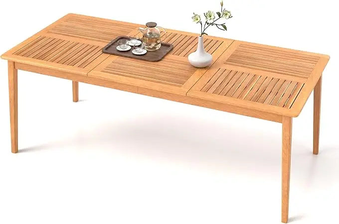 Wooden Outdoor Dining Table for 8, 79 x 35 Rectangular Acacia Wood Slatted Patio Table w/Umbrella Hole, Outdoor Bistro Table